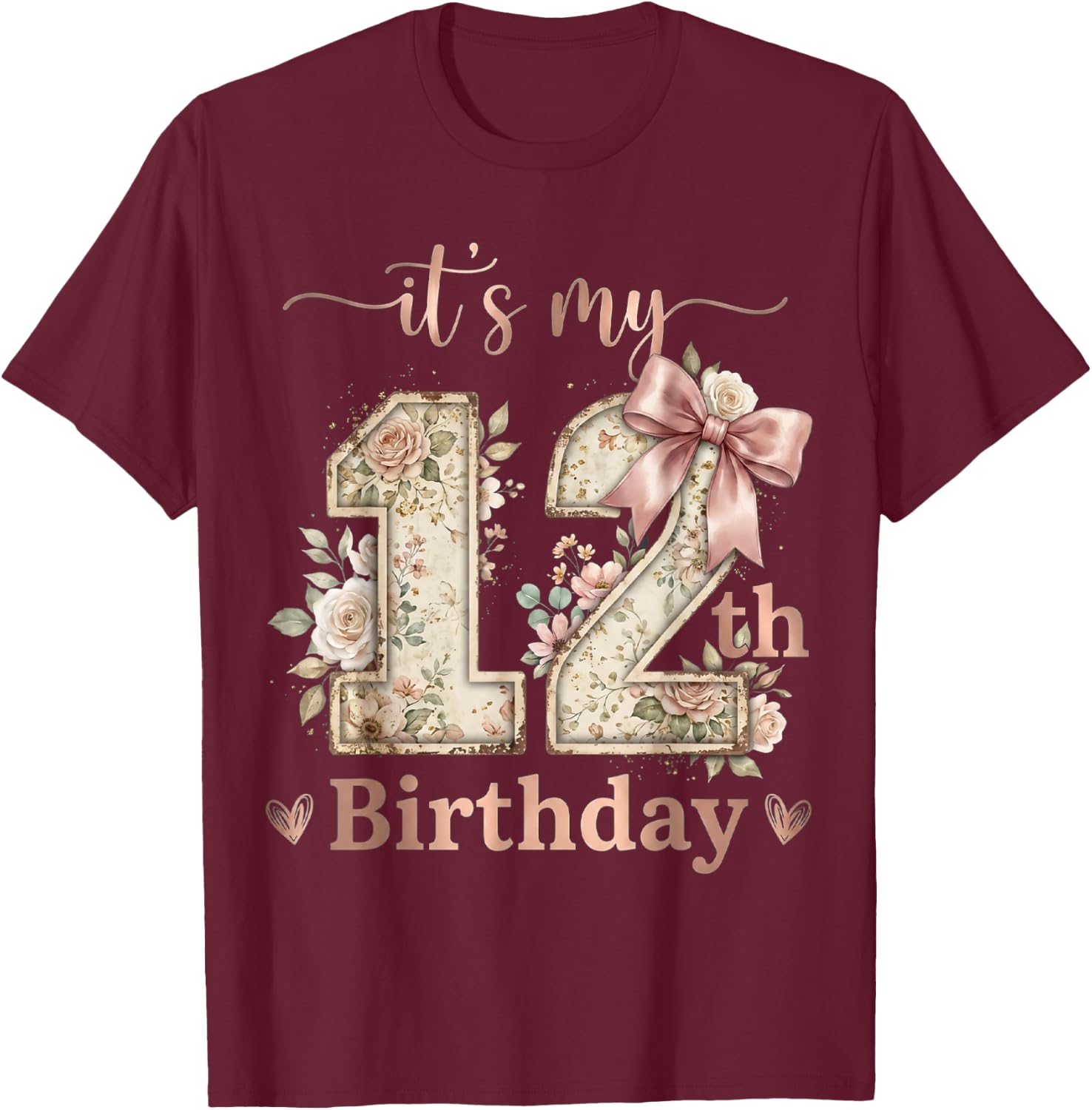 It's My 12th Birthday Girl Coquette Bow Pink 12 Year Old T-Shirt - T-Shirt | Maroon