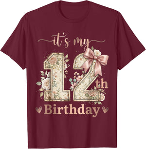 It's My 12th Birthday Girl Coquette Bow Pink 12 Year Old T-Shirt - T-Shirt | Maroon