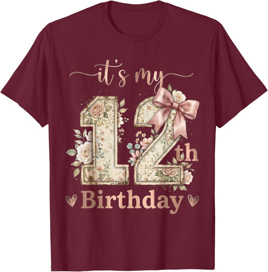 It's My 12th Birthday Girl Coquette Bow Pink 12 Year Old T-Shirt - T-Shirt | Maroon