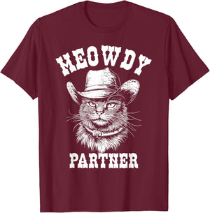 Meowdy Partner Cat Cowboy Hat Funny Western Cat T-Shirt - T-Shirt | Maroon