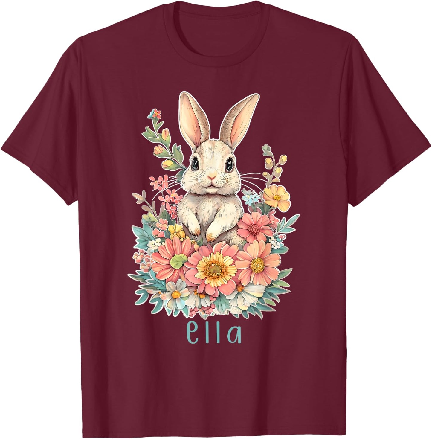 First Name Ella Cute Bunny Flowers Personalized Girl T-Shirt - T-Shirt | Maroon