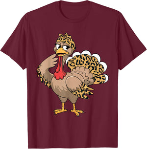 Thanksgiving Turkey Women Girl Leopard Autumn Fall Season T-Shirt - T-Shirt | Maroon