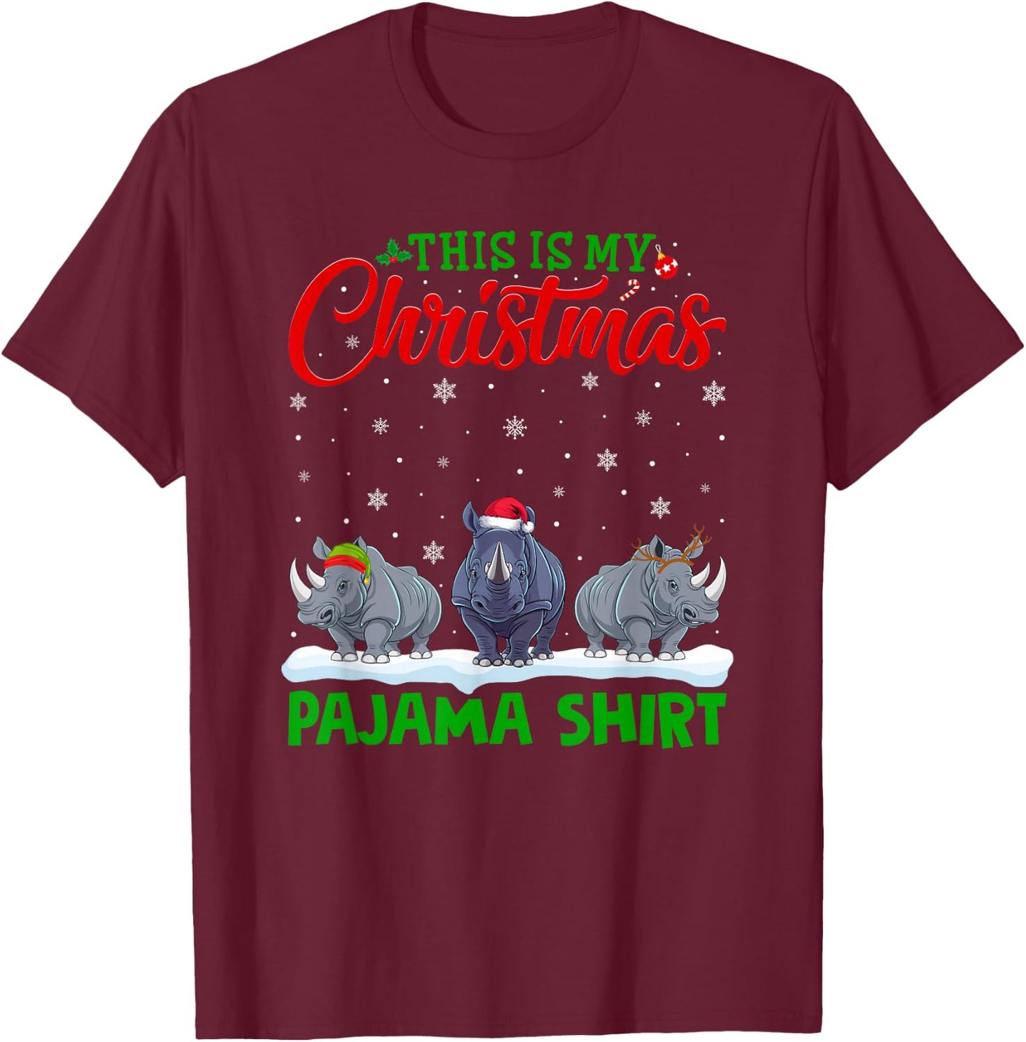 Xmas Santa Hat Reindeer Rhino Christmas Pajama T-Shirt - T-Shirt | Maroon