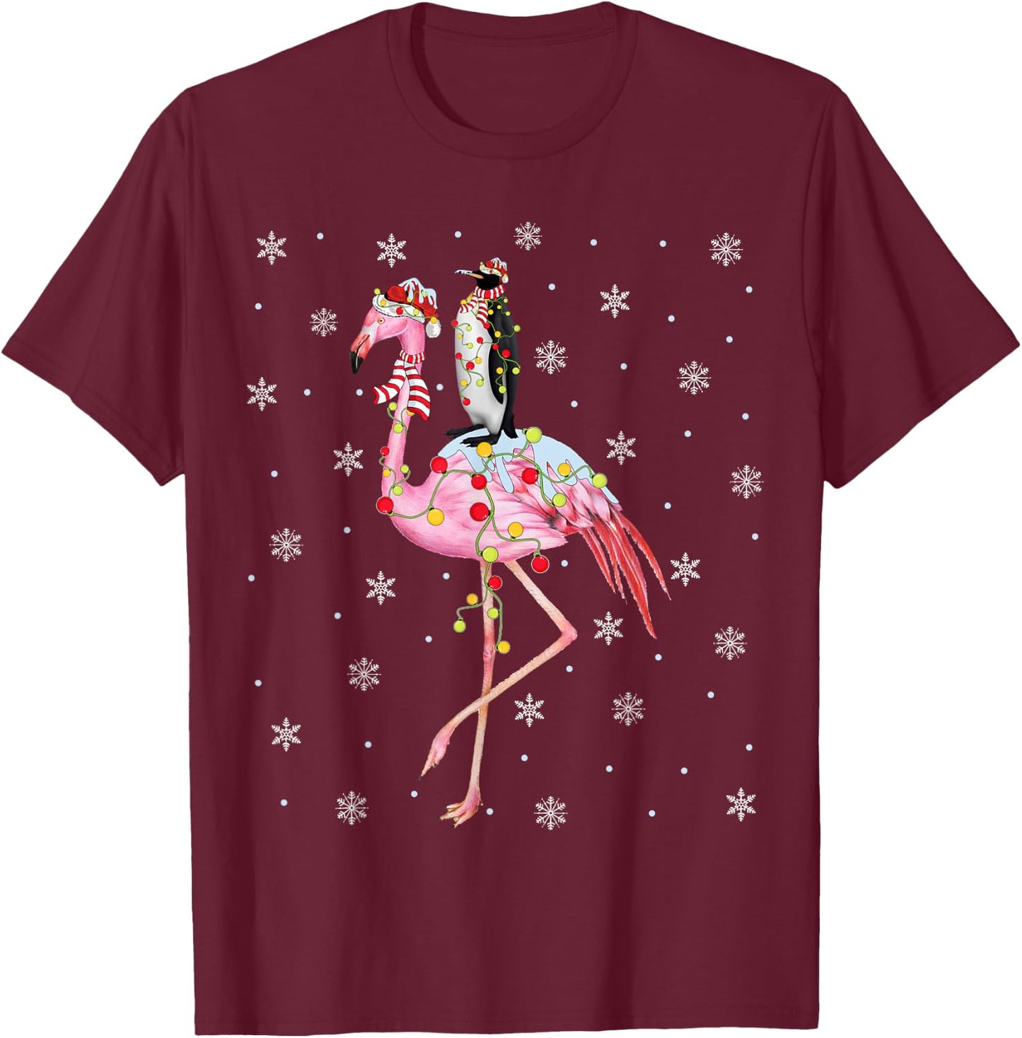 Xmas Lighting Santa Hat Flamingo Riding Penguin Christmas T-Shirt - T-Shirt | Maroon