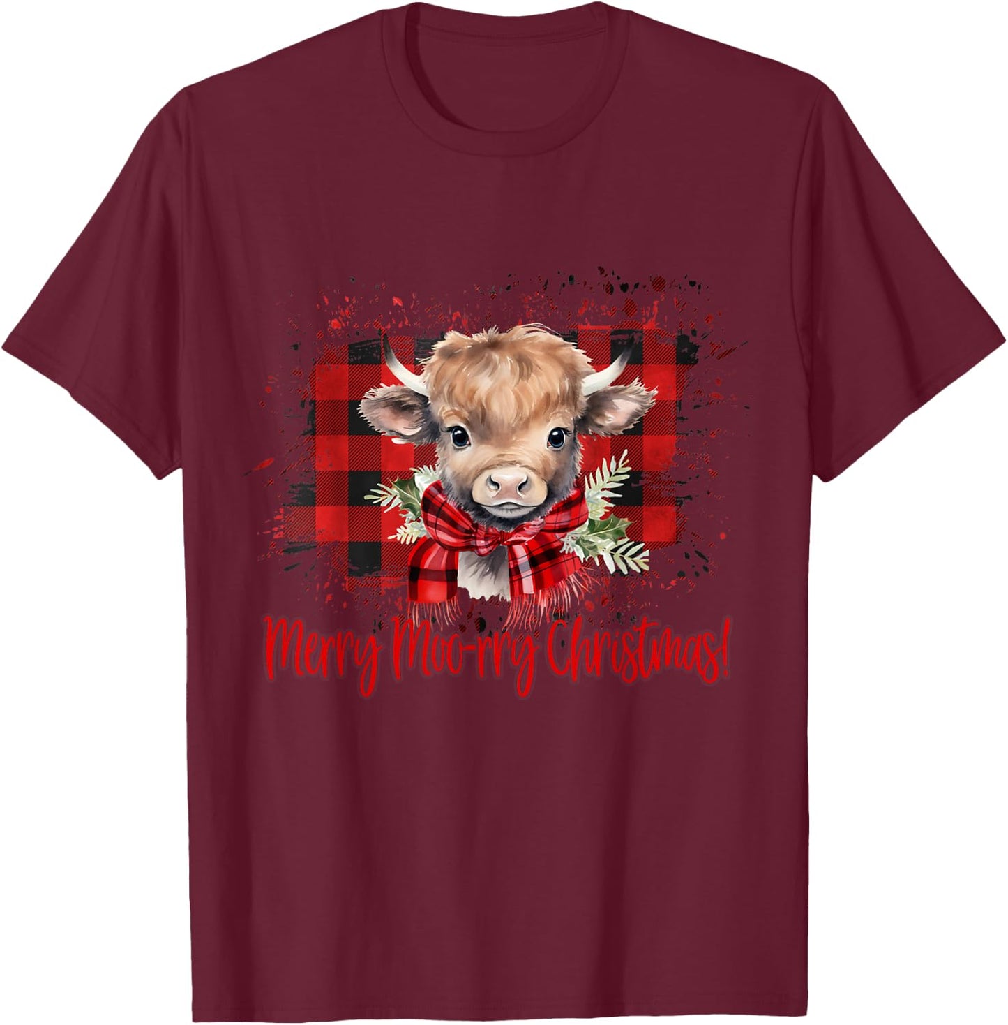 Merry Moo-rry Christmas Buffalo Plaid Highland Cow T-Shirt - T-Shirt | Maroon