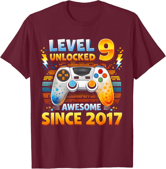 Level 9 Unlocked Awesome Since 2017 9th Birthday Gaming Boys T-Shirt - T-Shirt | Maroon