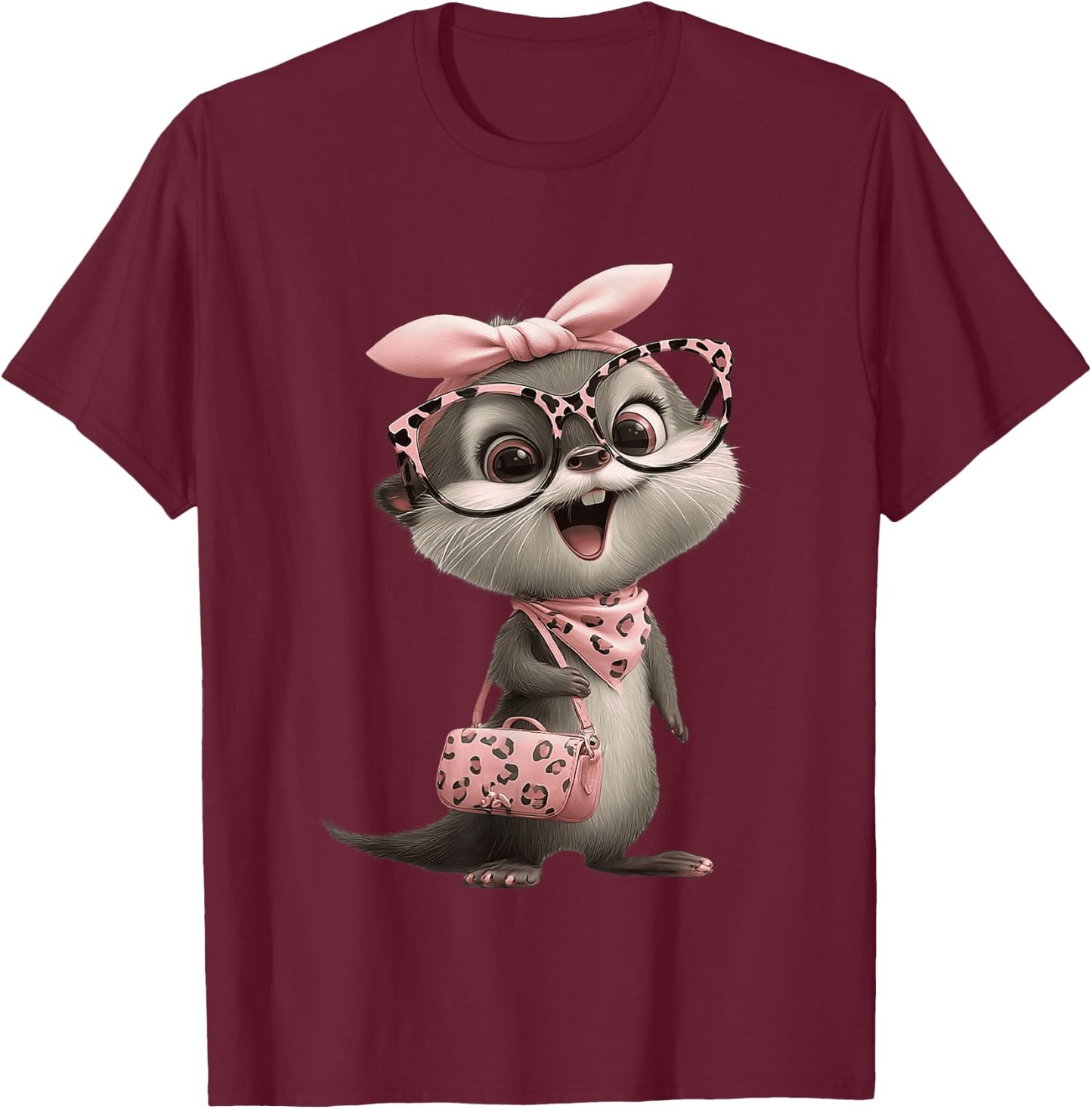 Baby Otter Kawaii Character Pink Leopard Glasses Portrait T-Shirt - T-Shirt | Maroon