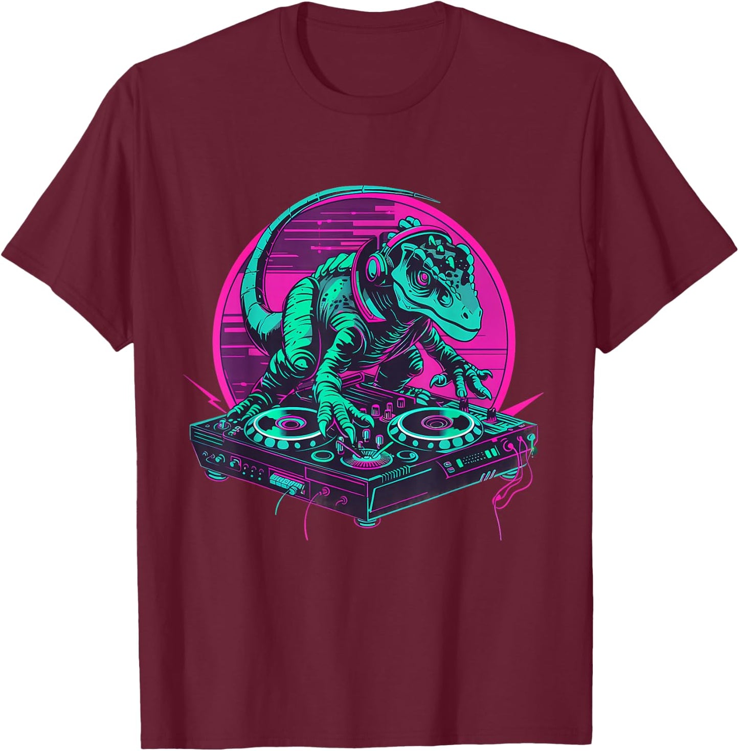 DJ Dinosaur Techno Turntable DJ Dinosaur Beatmaker Artwork T-Shirt - T-Shirt | Maroon