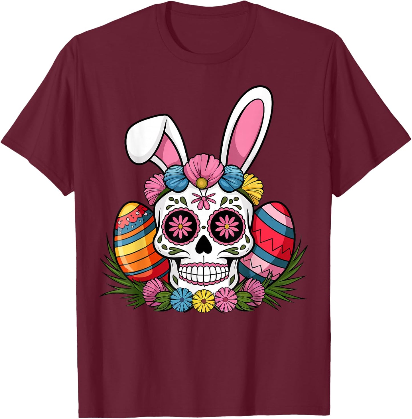 Sugar Skull Bunny Rabbit Ears Mexican Easter Day T-Shirt - T-Shirt | Maroon