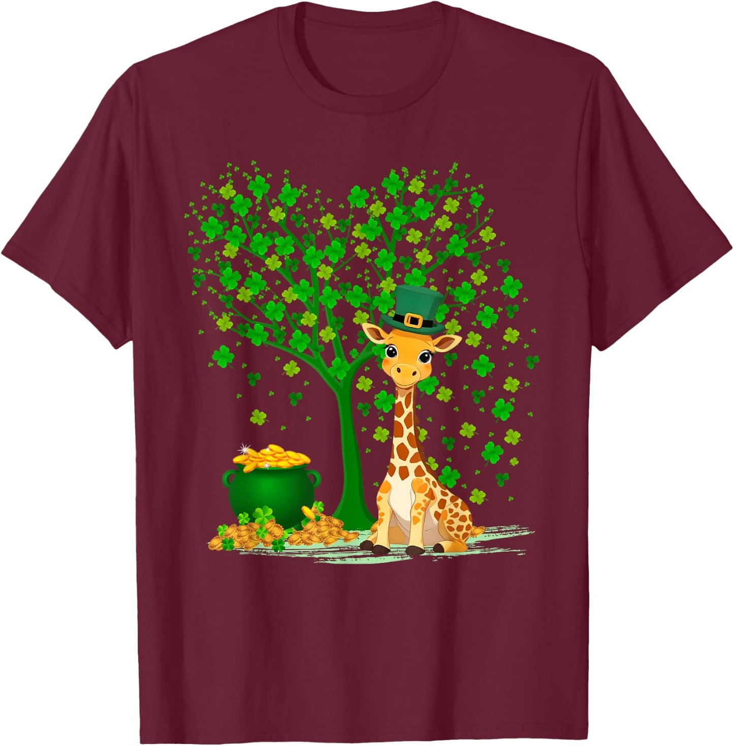 Shamrock Tree Leprechaun Hat Giraffe St Patrick's Day T-Shirt - T-Shirt | Maroon