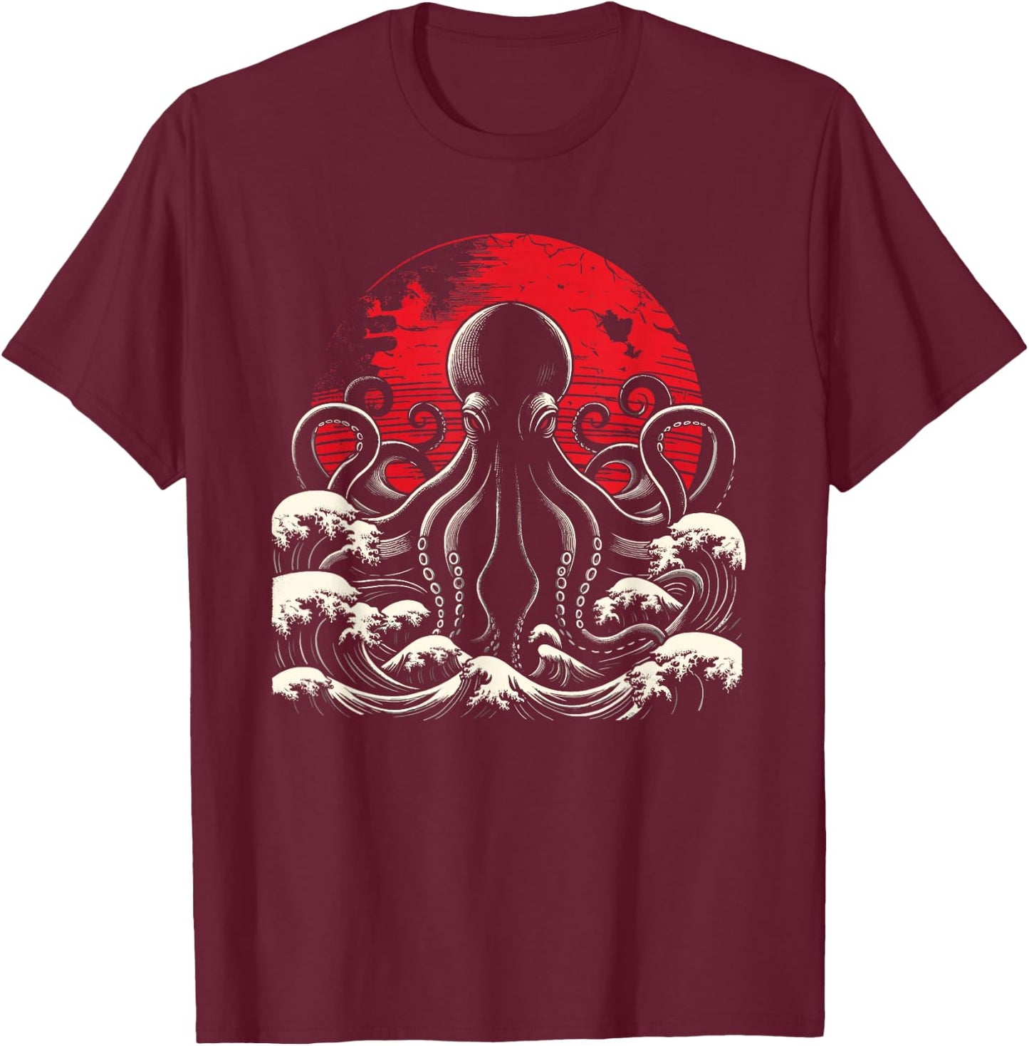 Horror Octopus Octopus Giant Octopus Japanese Waves Octopus T-Shirt - T-Shirt | Maroon