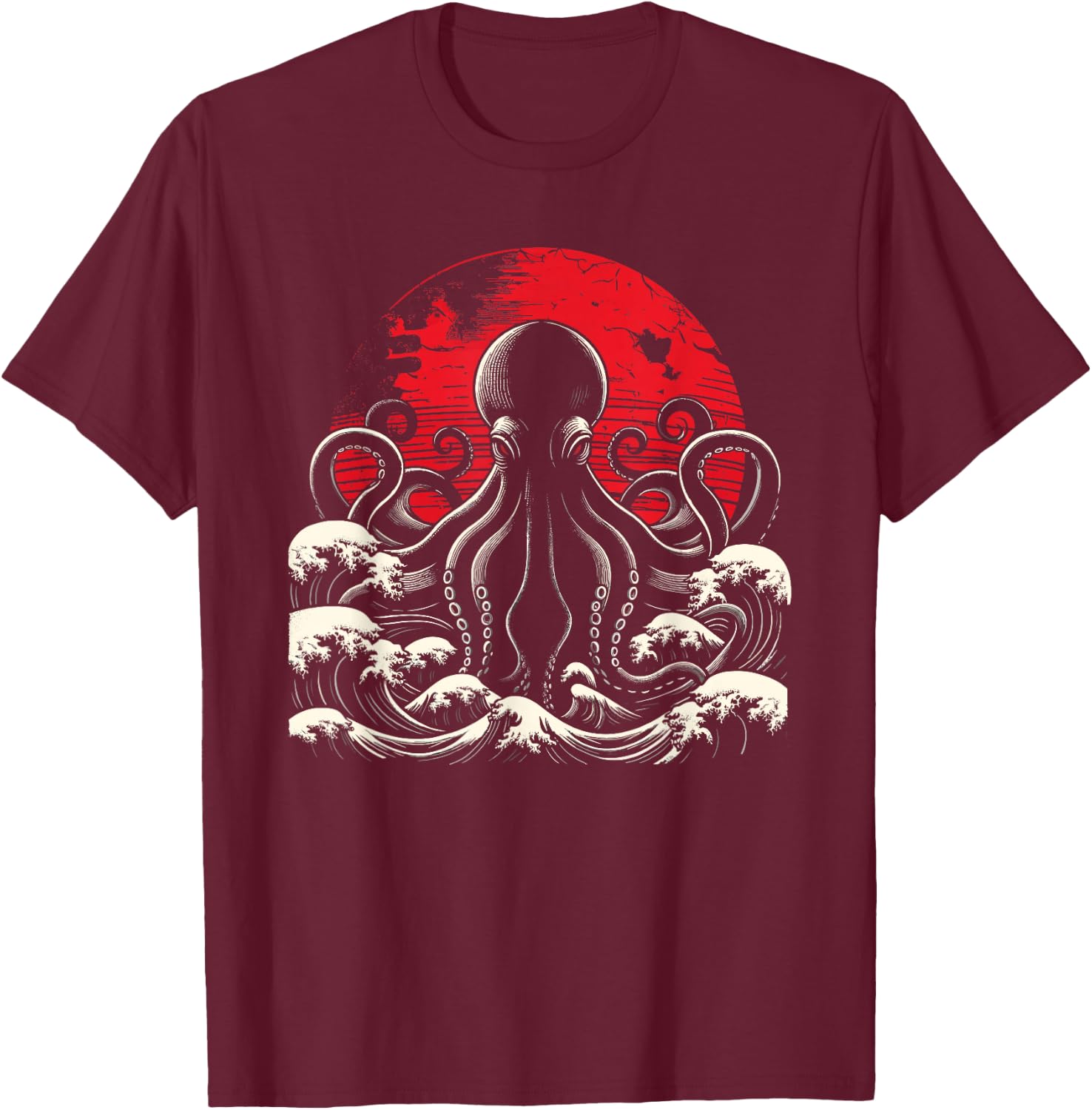 Horror Octopus Octopus Giant Octopus Japanese Waves Octopus T-Shirt - T-Shirt | Maroon