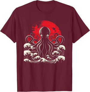Horror Octopus Octopus Giant Octopus Japanese Waves Octopus T-Shirt - T-Shirt | Maroon