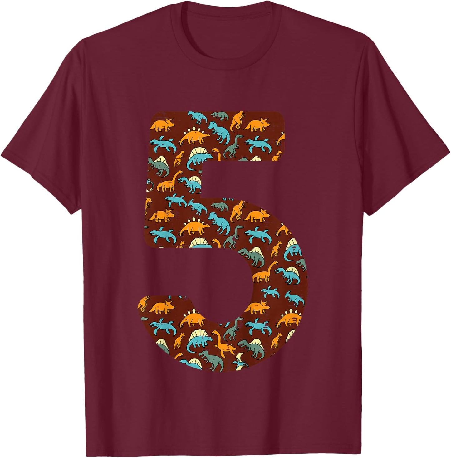 Kids 5th Birthday 5 Dinosaurs Trex Five Year Old Bday Party Boys T-Shirt - T-Shirt | Maroon
