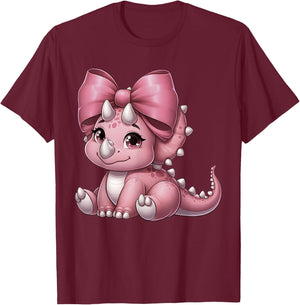 Coquette Bow Triceratops Dinosaur Women Mom Girl Pink Ribbon T-Shirt - T-Shirt | Maroon