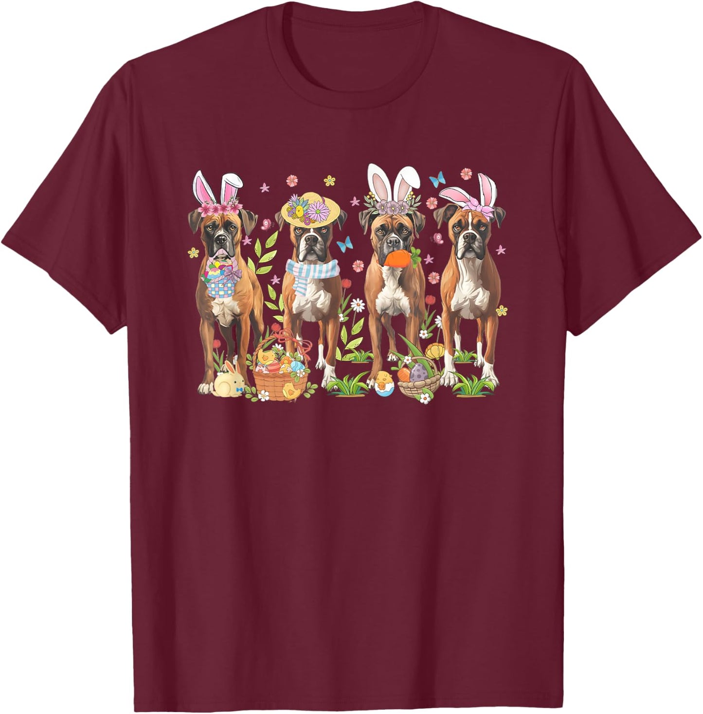 Easter Boxer Bunnies Floral Boxer Dogs Easter Day T-Shirt - T-Shirt | Maroon