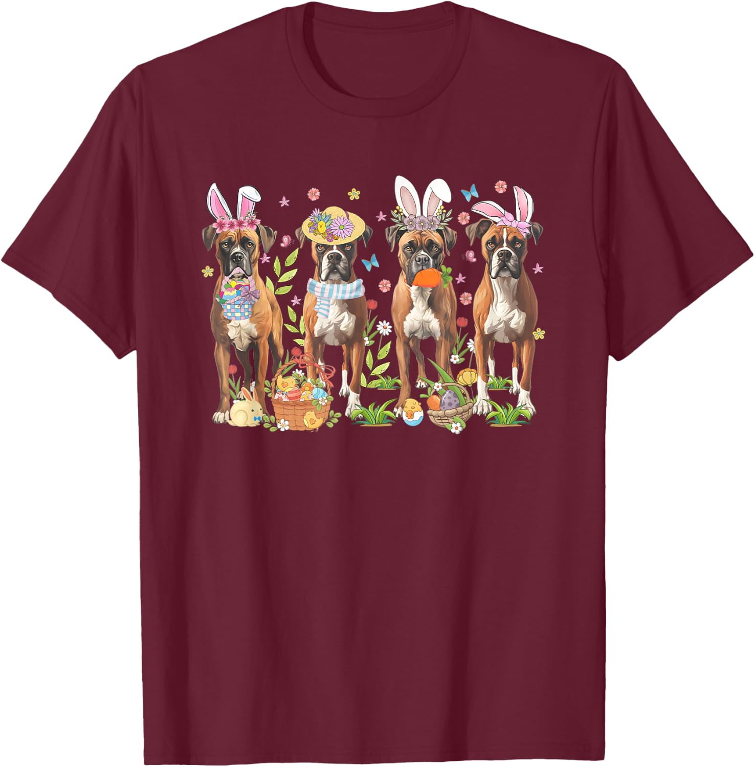 Easter Boxer Bunnies Floral Boxer Dogs Easter Day T-Shirt - T-Shirt | Maroon