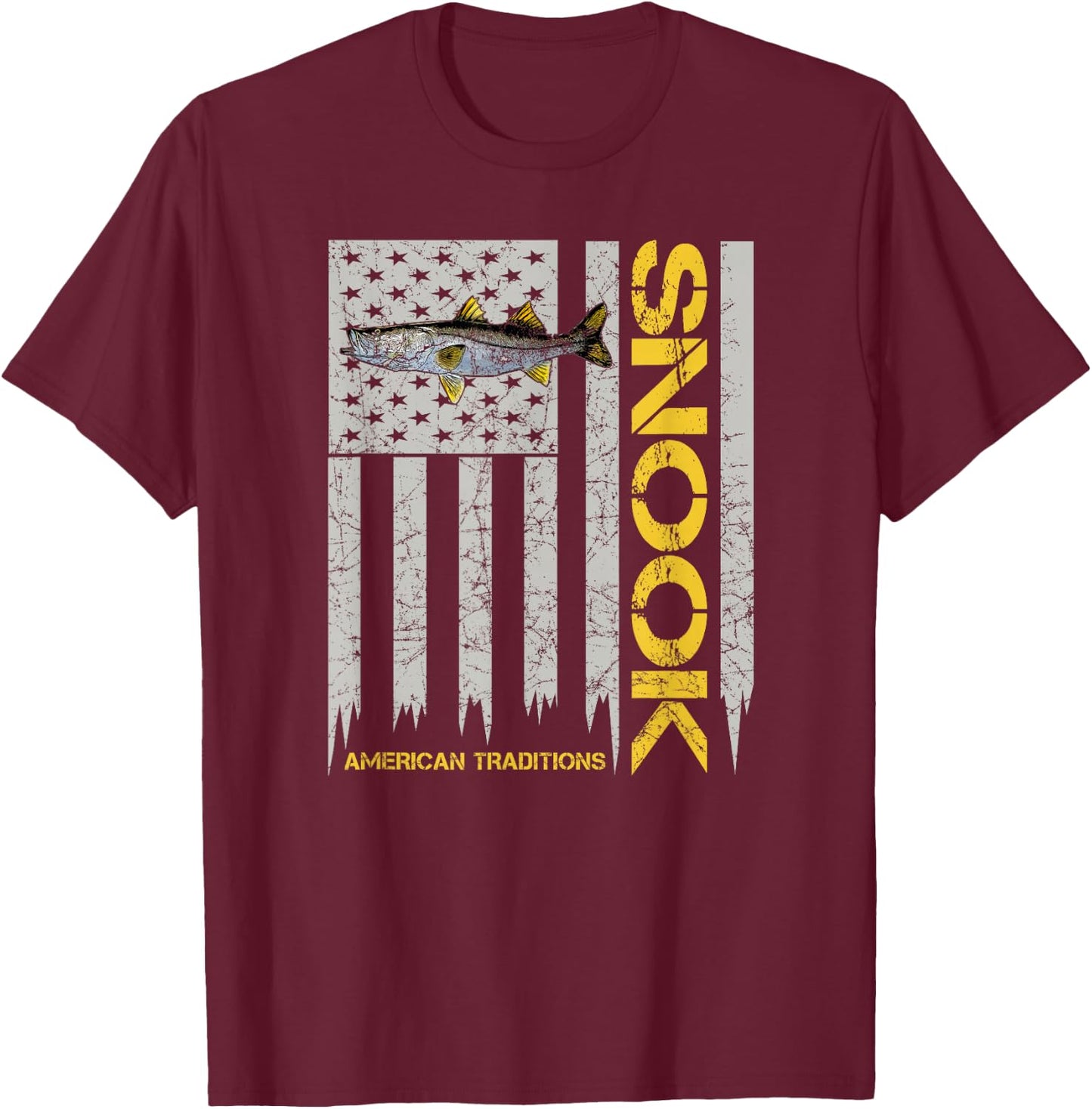 Snook Fisherman - Vintage Style American Flag Snook Art Fish T-Shirt - T-Shirt | Maroon