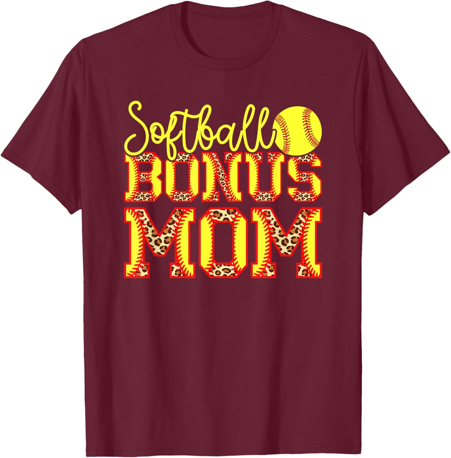Softball Bonus Mom Leopard T-Shirt - T-Shirt | Maroon
