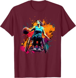 Colorful Wheelchair basketball player Girl and T-Shirt - T-Shirt | Maroon