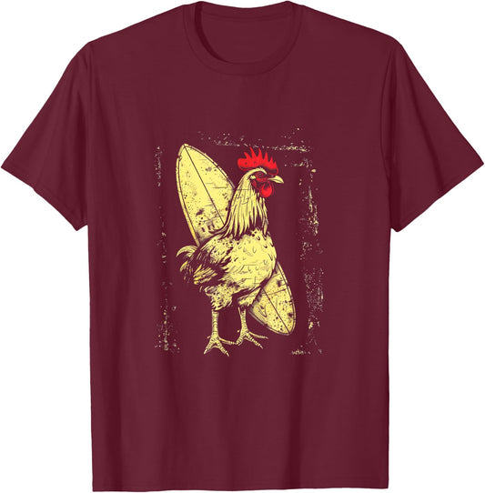 Chicken Surfboard Rooster Surfing Vintage Beach T-Shirt - T-Shirt | Maroon