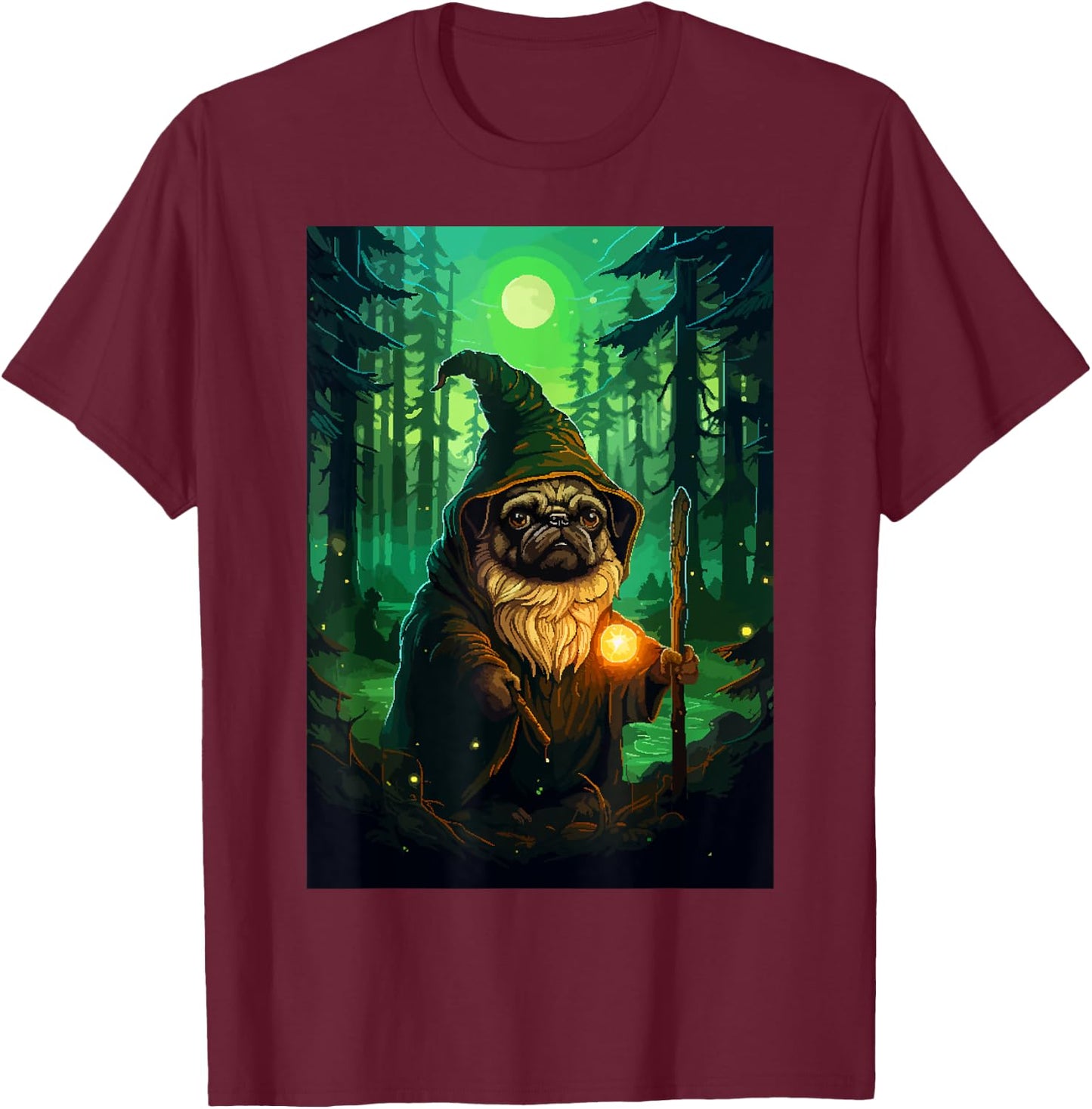 Funny Pug Wizard Cute Dog Pixel Art T-Shirt - T-Shirt | Maroon