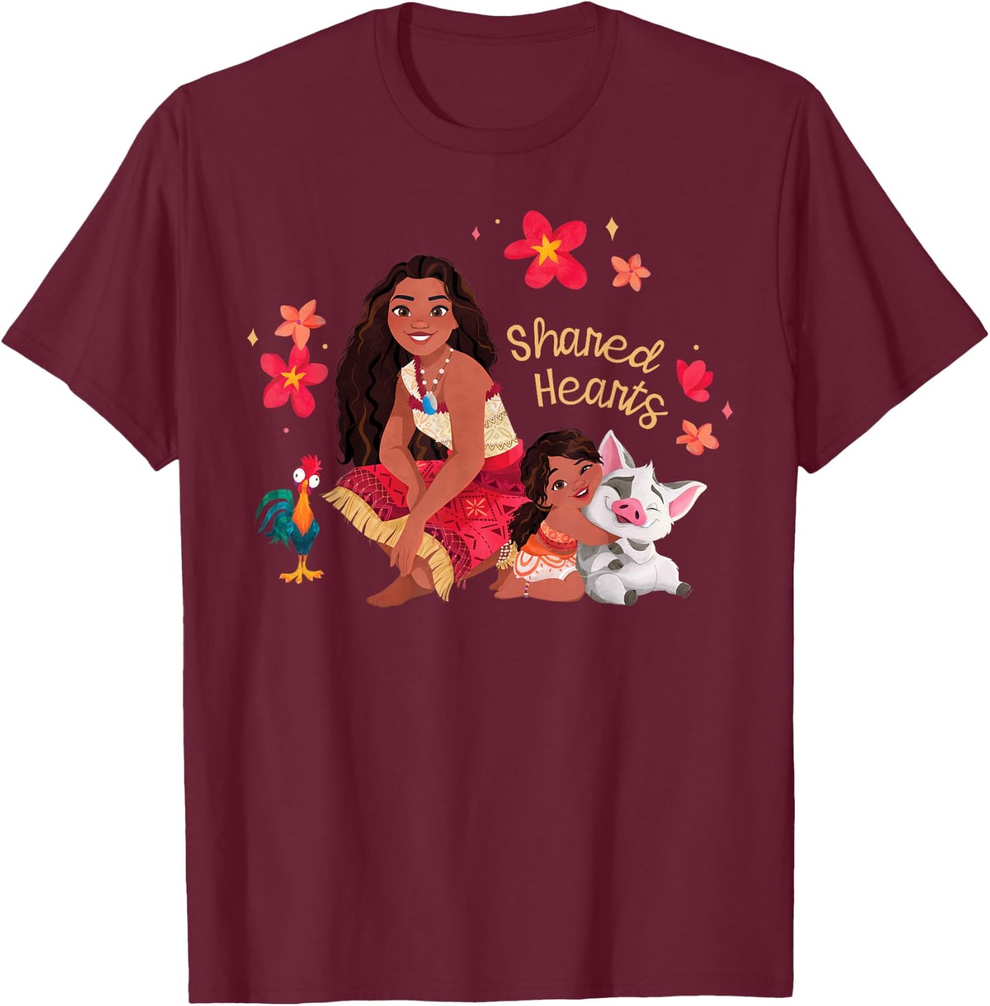 Disney Moana 2 Moana Simea Pua Heihei Shared Hearts , Black, S T-Shirt - T-Shirt | Maroon