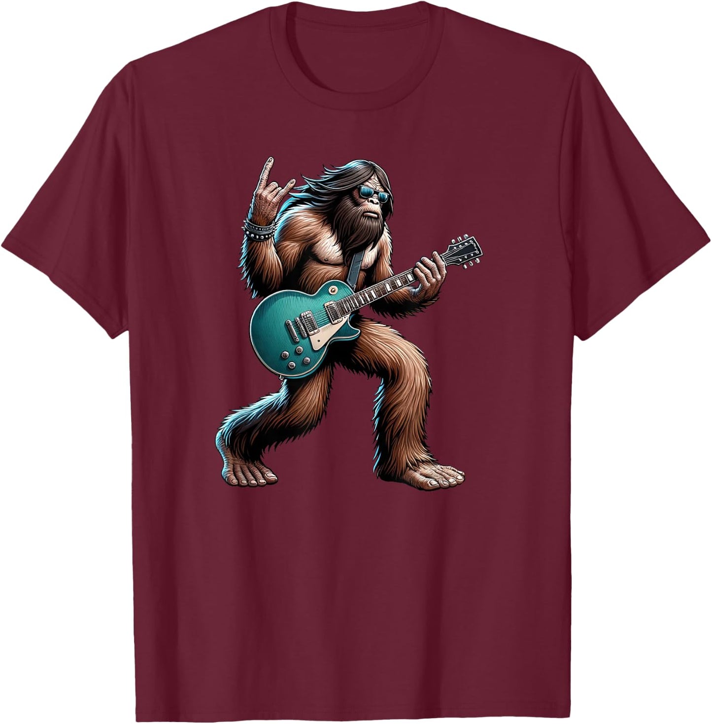 Rock On Bigfoot Playing Electric Guitar Sasquatch Music Band T-Shirt - T-Shirt | Maroon