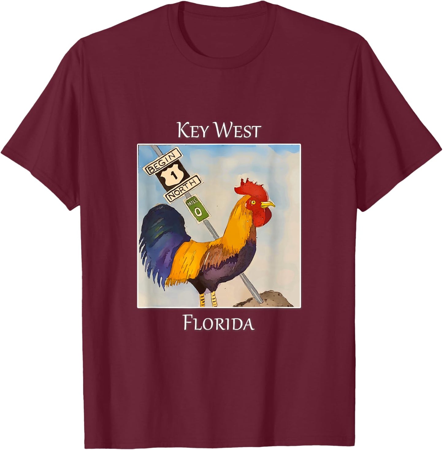 Rooster and Mile Marker 0 Famous in Key West, Florida T-Shirt - T-Shirt | Maroon