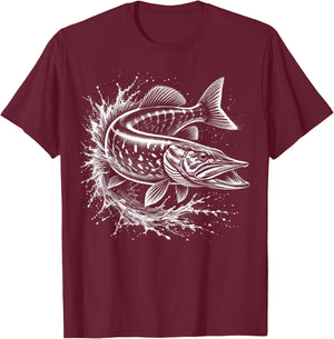 Pike jumps out of water - Fish design for fishermen , Black, S T-Shirt - T-Shirt | Maroon