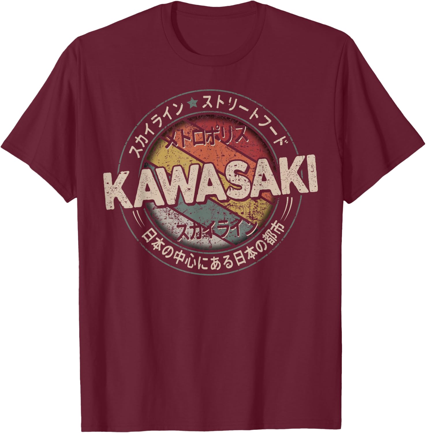 Kawasaki City 90s Retro Japan Aesthetics 80s Kawasaki , black T-Shirt - T-Shirt | Maroon