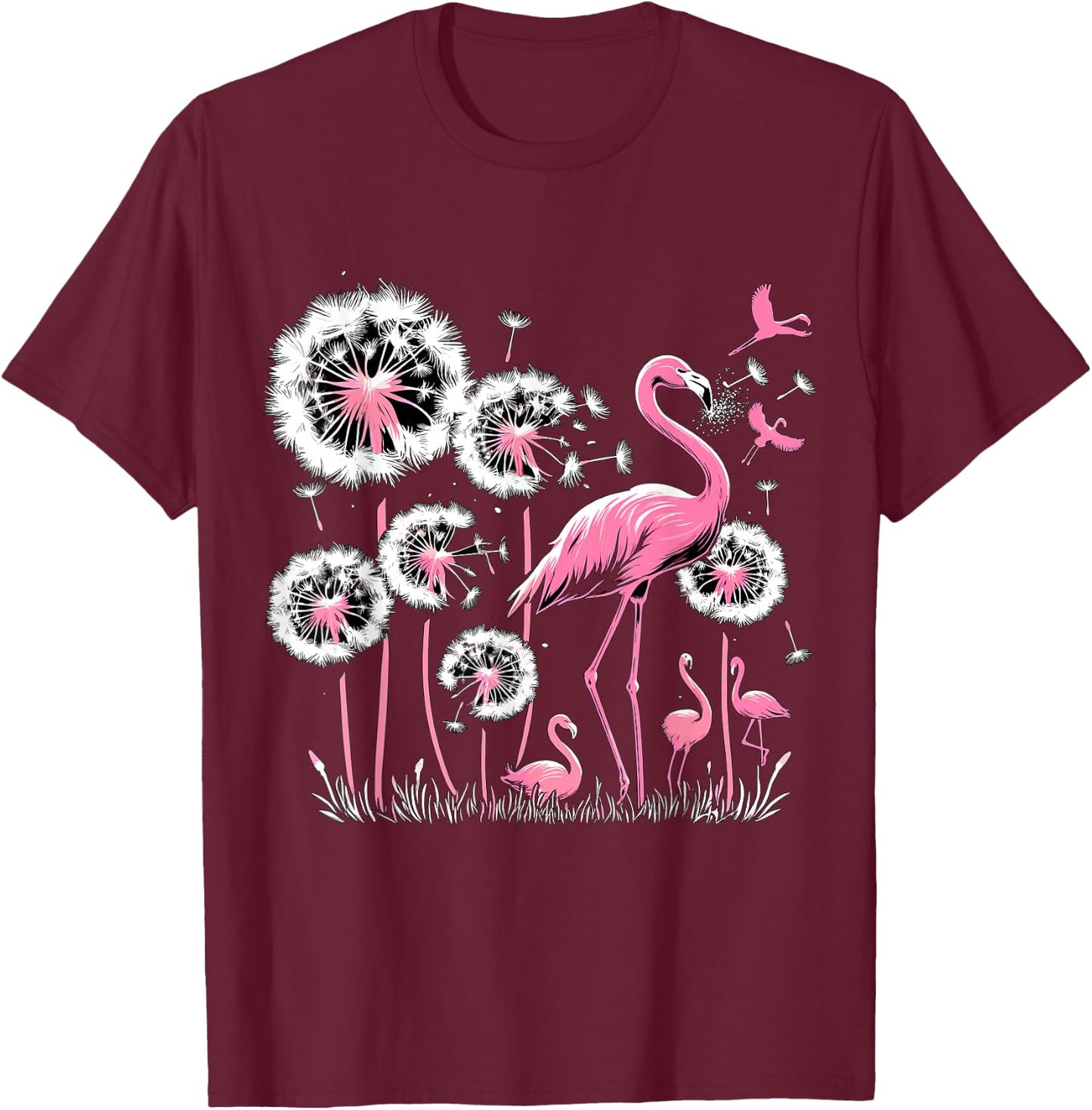 Flamingo and Dandelion Flower , Small, Black T-Shirt - T-Shirt | Maroon