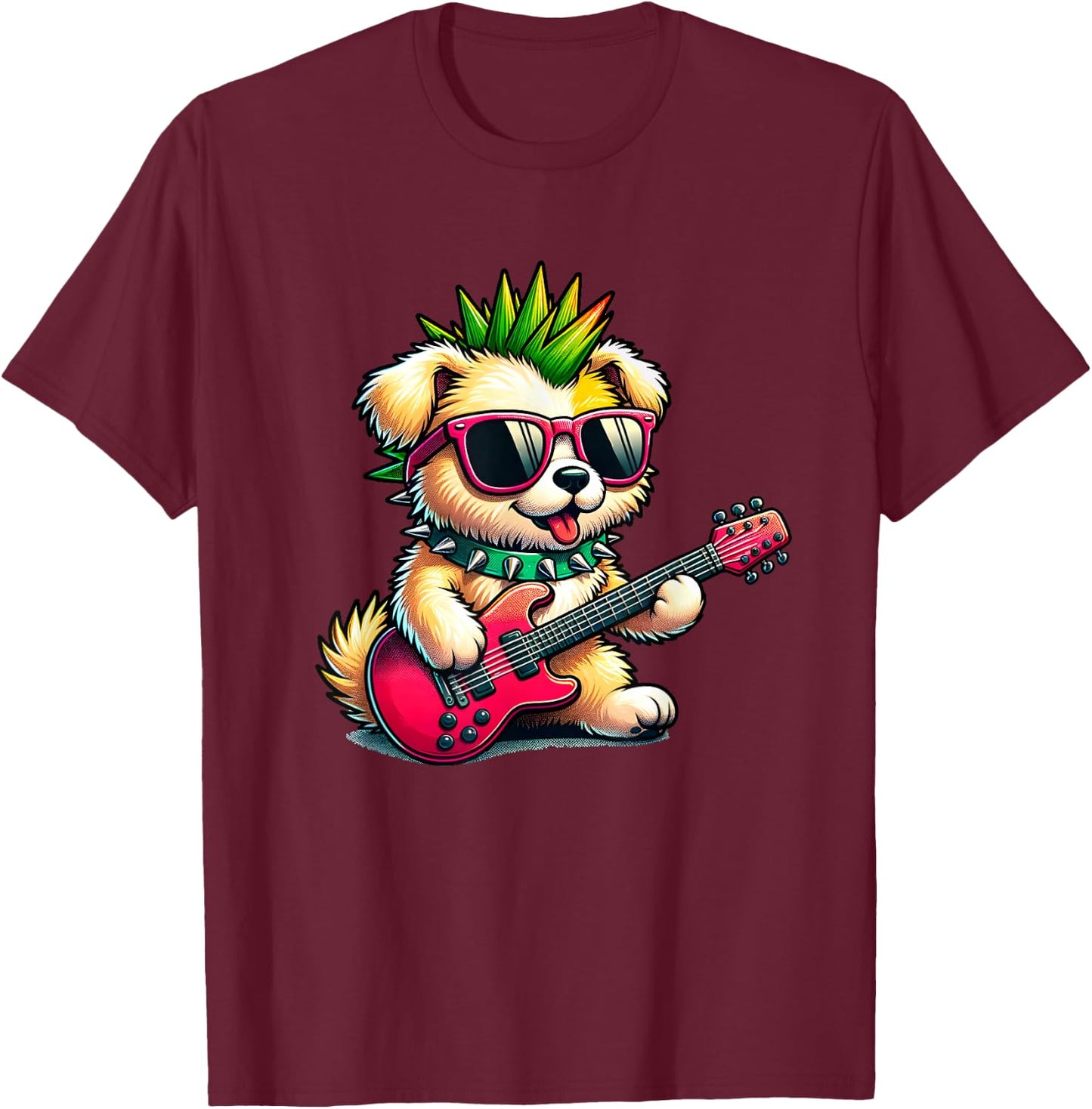 Cute Punk Puppy, Rock'n Roll Goth Dog, Guitar Band Funny T-Shirt - T-Shirt | Maroon