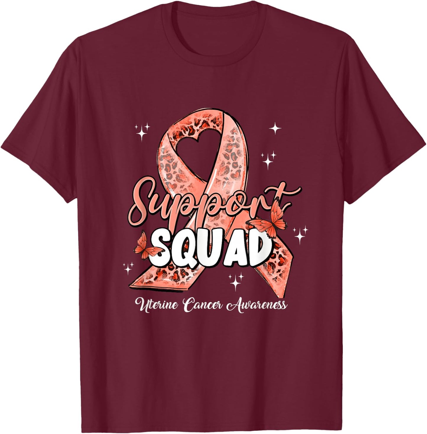 Support Squad Butterfly Peach Ribbon Uterine Cancer Gifts T-Shirt - T-Shirt | Maroon