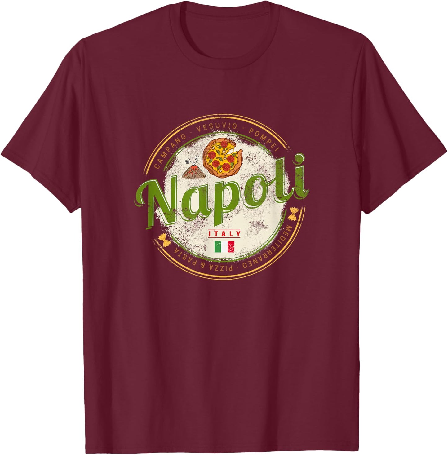 Naples Italy with Vesuv and Pizza Vintage Souvenir , black, s T-Shirt - T-Shirt | Maroon