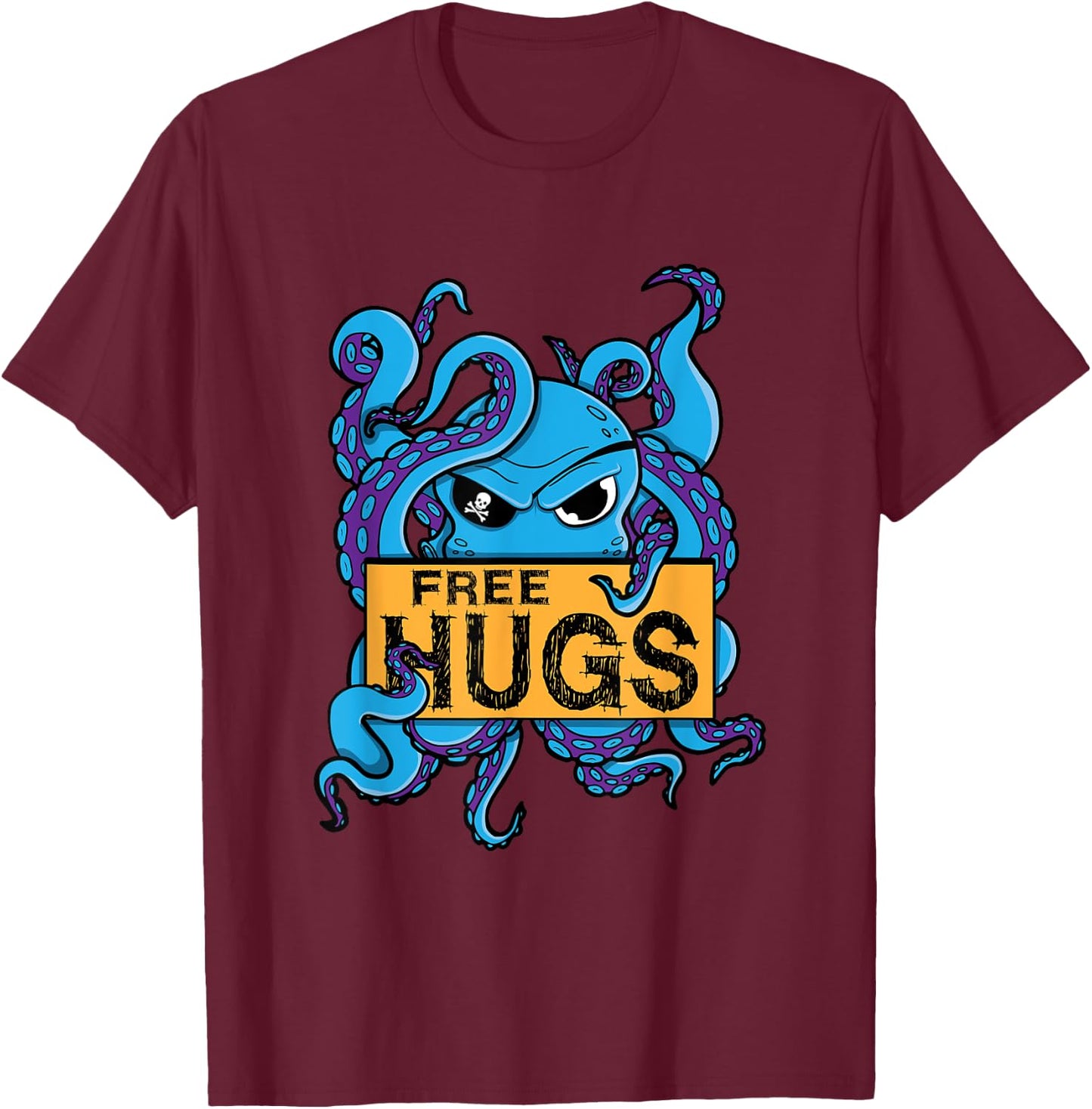 Funny Hugs For Free Pirate Octopus Gift Captain T-Shirt - T-Shirt | Maroon