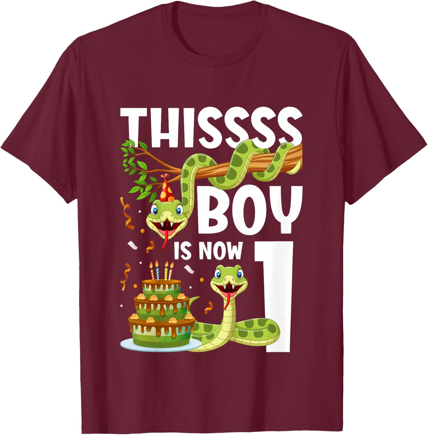 Kids 1st Reptile Birthday 1 Year Old Boy Snake Birthday Party T-Shirt - T-Shirt | Maroon