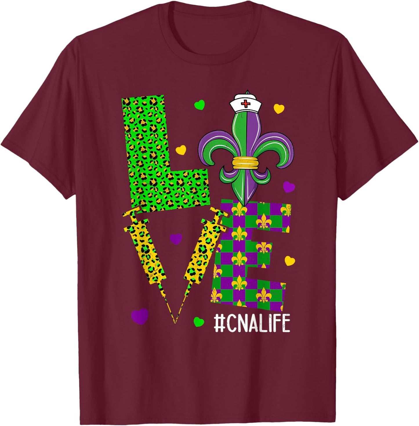 Leopard Love CNA Life Scrub Nurse Mardi Gras Women RN ICU ER T-Shirt - T-Shirt | Maroon