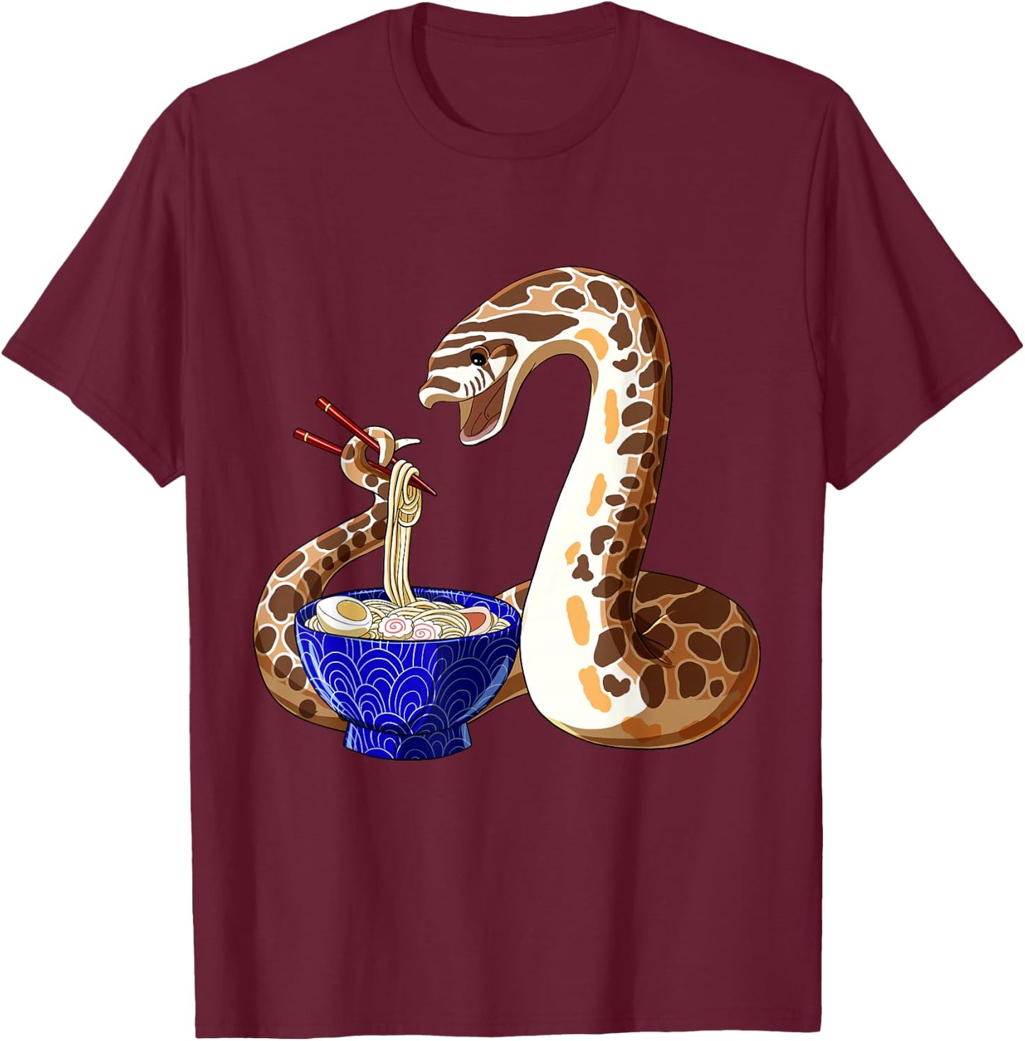 Cute Snake Eating Ramen Anime Style Hognose Snake T-Shirt - T-Shirt | Maroon