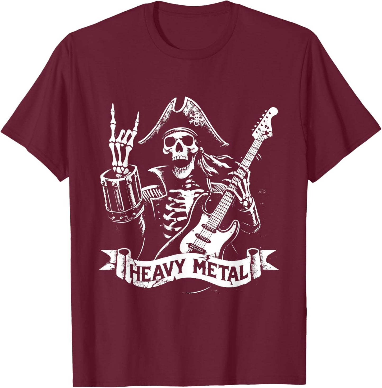 Pirate Heavy Metal - Vintage Pirate Skeleton Guitar , Black, S T-Shirt - T-Shirt | Maroon