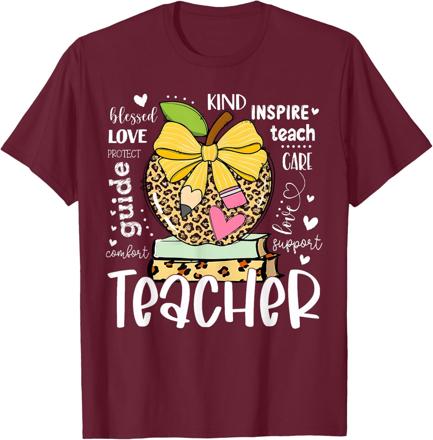 Back to School Teacher Leopard Apple Bow Women Girl T-Shirt - T-Shirt | Maroon