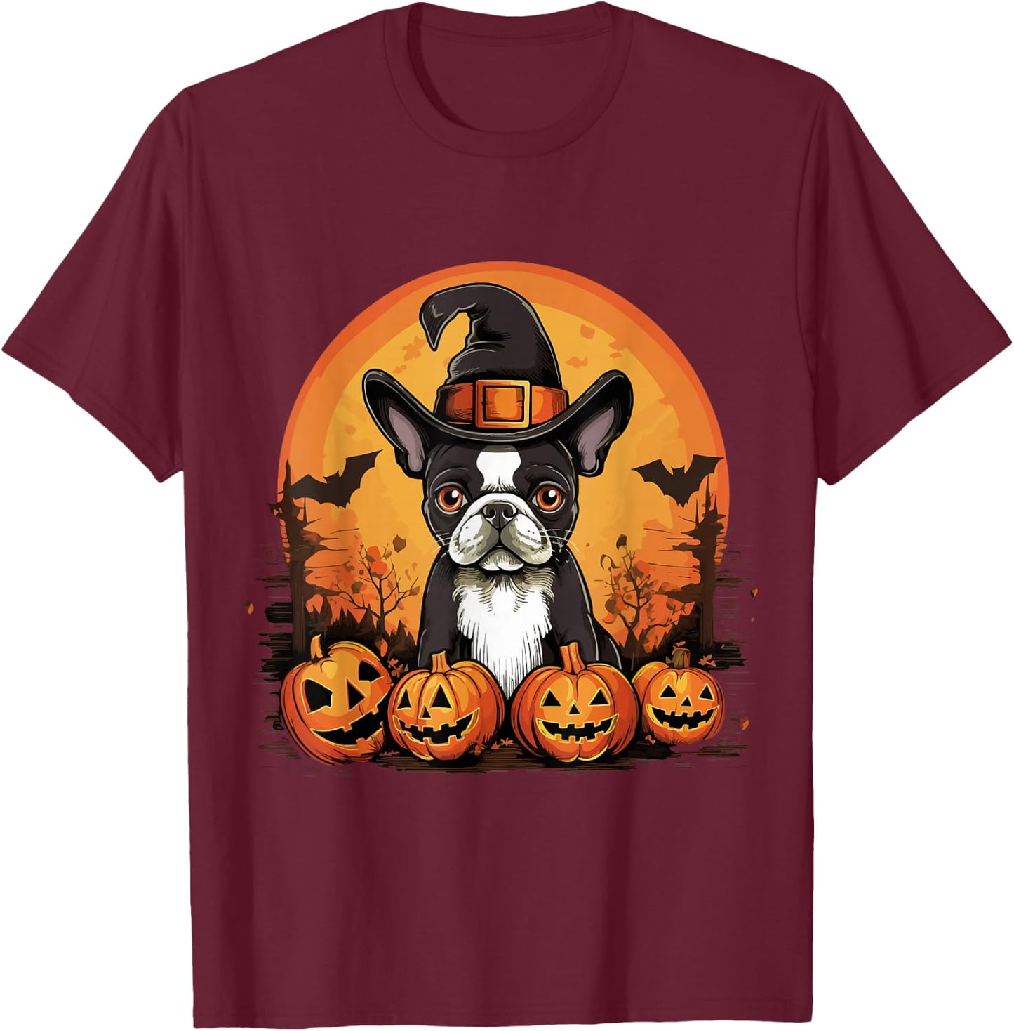 Boston Terrier Bostie Dog Breed Pet Halloween Pumpkins Men Women Kids T-Shirt - T-Shirt | Maroon