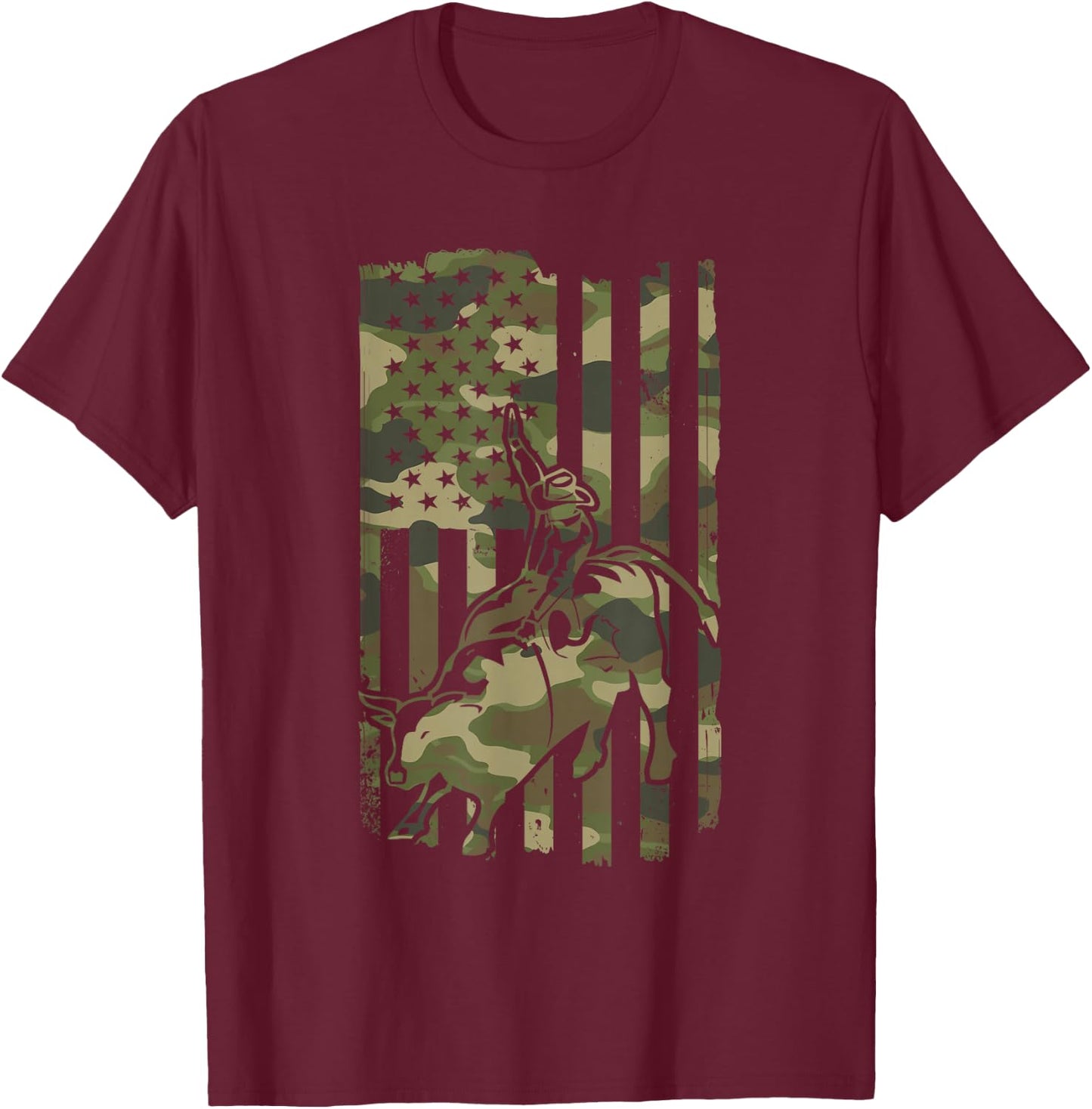Western Cowboy & Cowgirl Rodeo Bull Riding USA Flag 4th July T-Shirt - T-Shirt | Maroon