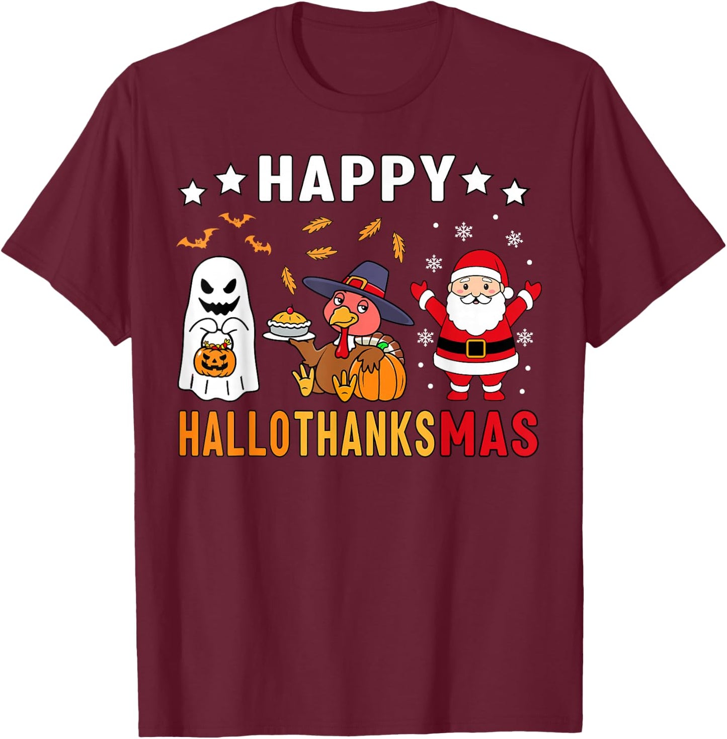 Happy Hallothanksmas Ghost Turkey Pumpkin Christmas Santa T-Shirt - T-Shirt | Maroon