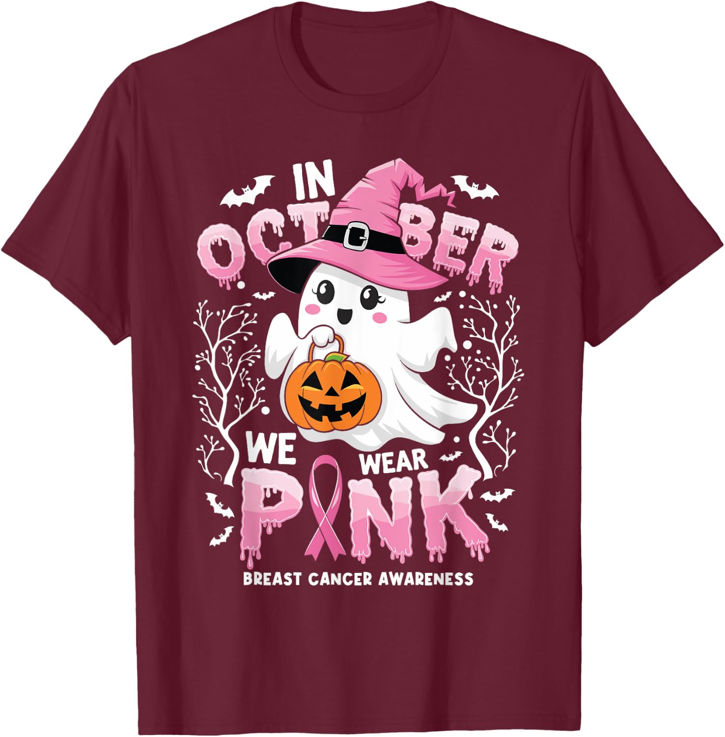 In October We Wear Pink Ghost Witch Breast Cancer Awareness T-Shirt - T-Shirt | Maroon