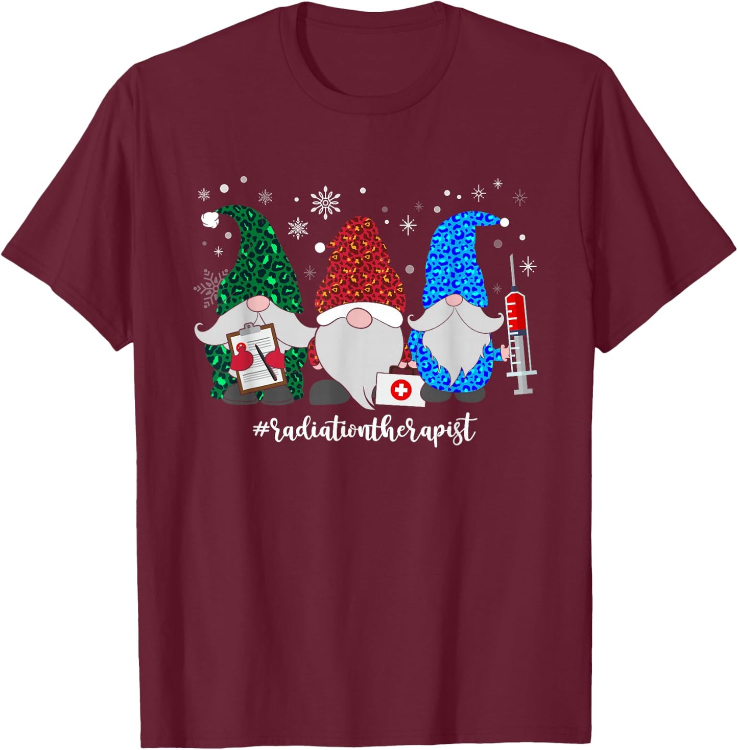 Christmas Radiation Therapist Gnomes Xmas Leopard Gnome T-Shirt - T-Shirt | Maroon