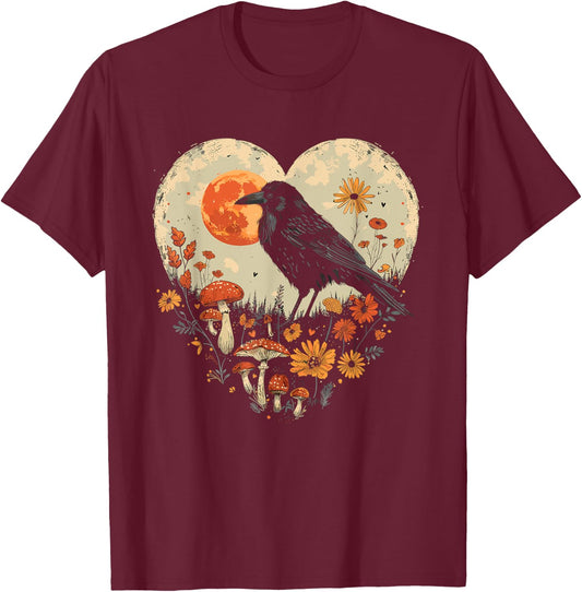 Black Raven Cottagecore Heart Flower Crow Nature T-Shirt - T-Shirt | Maroon