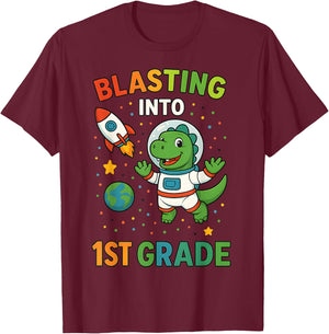 Blasting Into 1st Grade Dinosaur Astronaut Back To School T-Shirt - T-Shirt | Maroon
