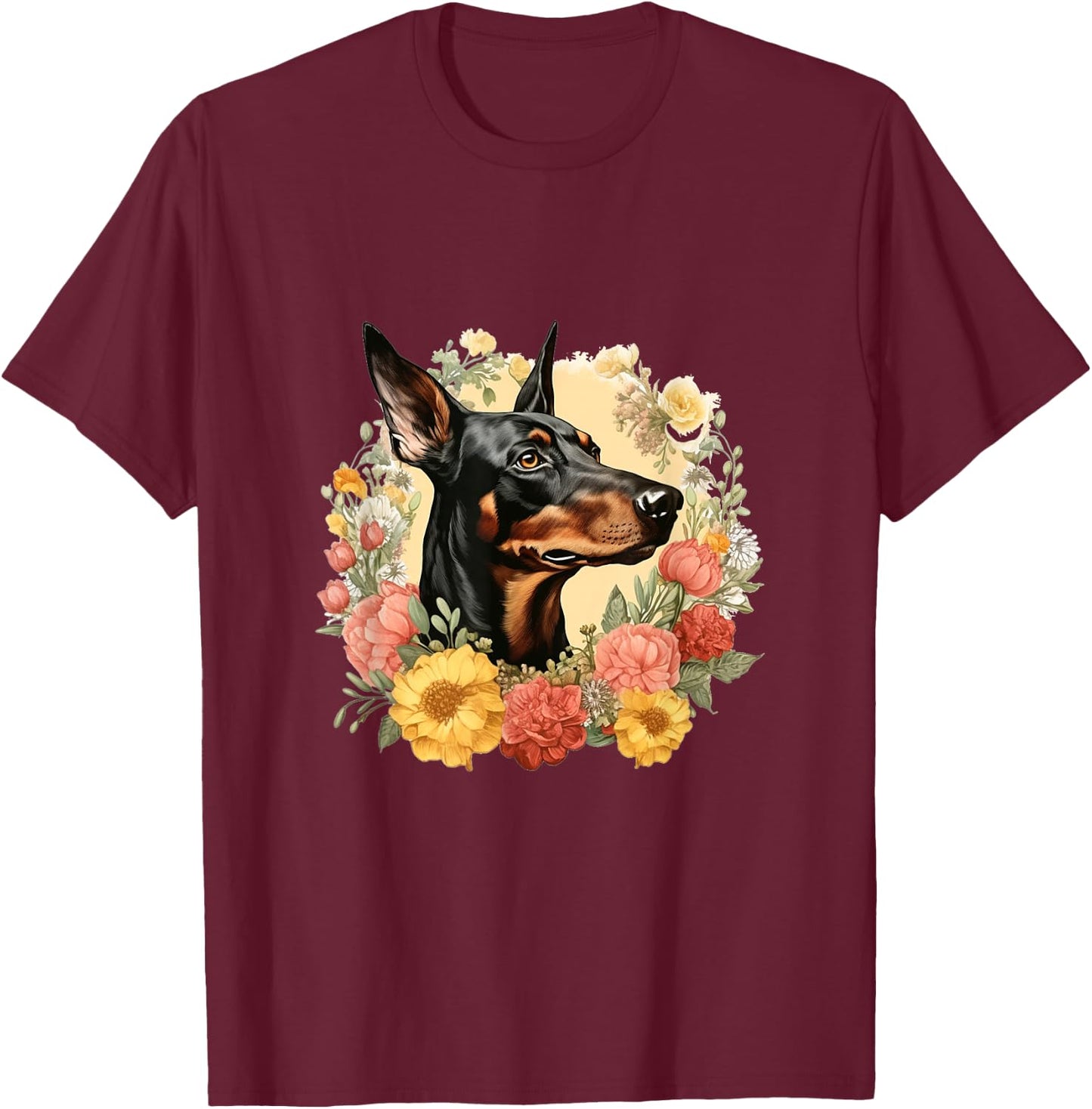 Doberman Pinscher Dog With Flowers Vintage Floral Border T-Shirt - T-Shirt | Maroon