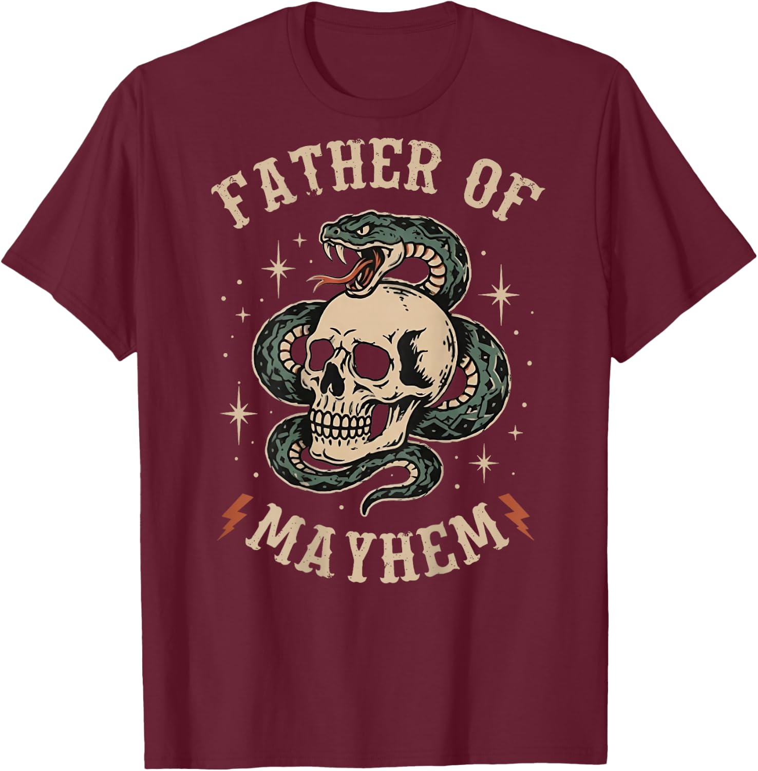 Father of Mayhem Tattoo Style Skull and Snake (on Back) T-Shirt - T-Shirt | Maroon